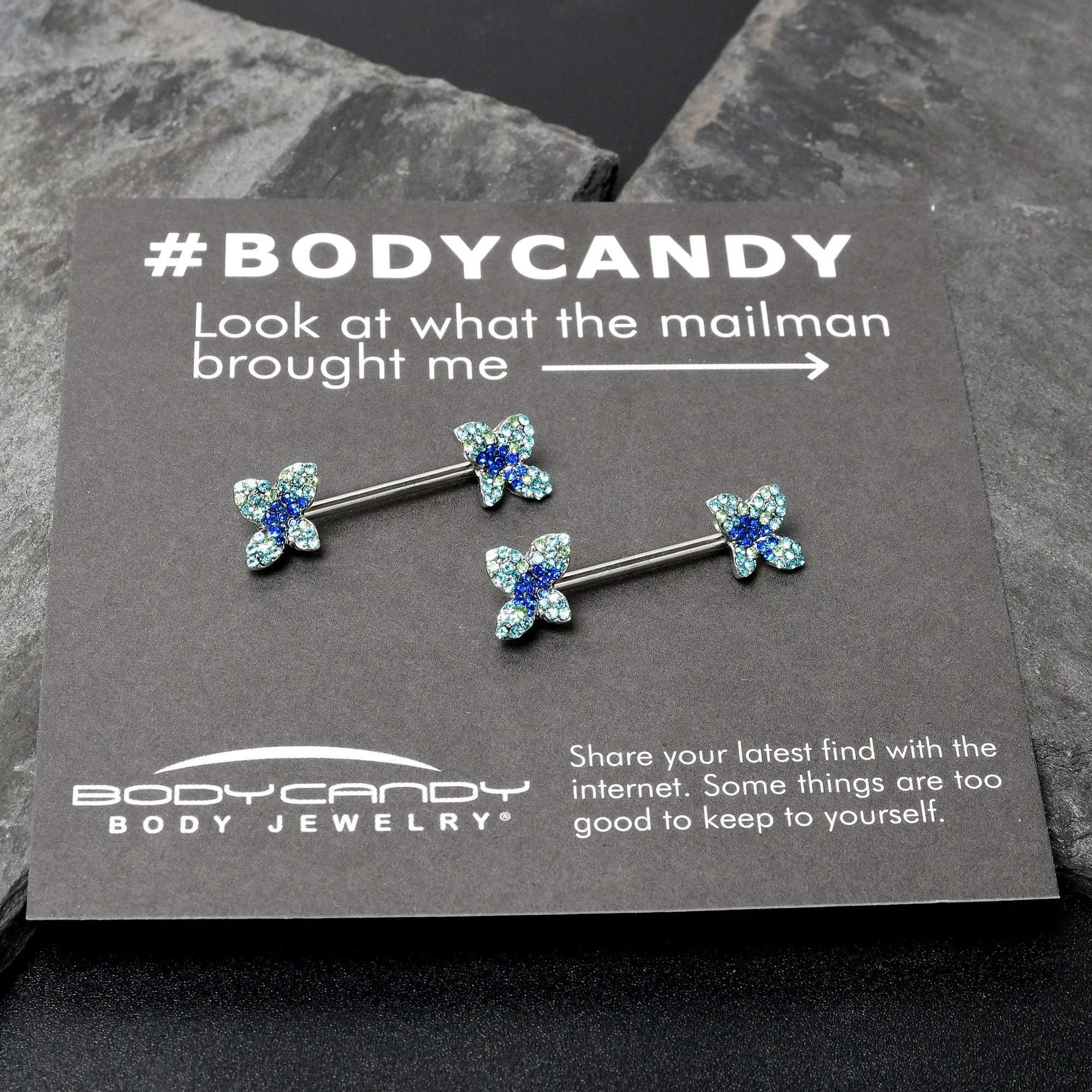14 Gauge 9/16 Blue Gem Glamour Butterfly Barbell Nipple Ring Set