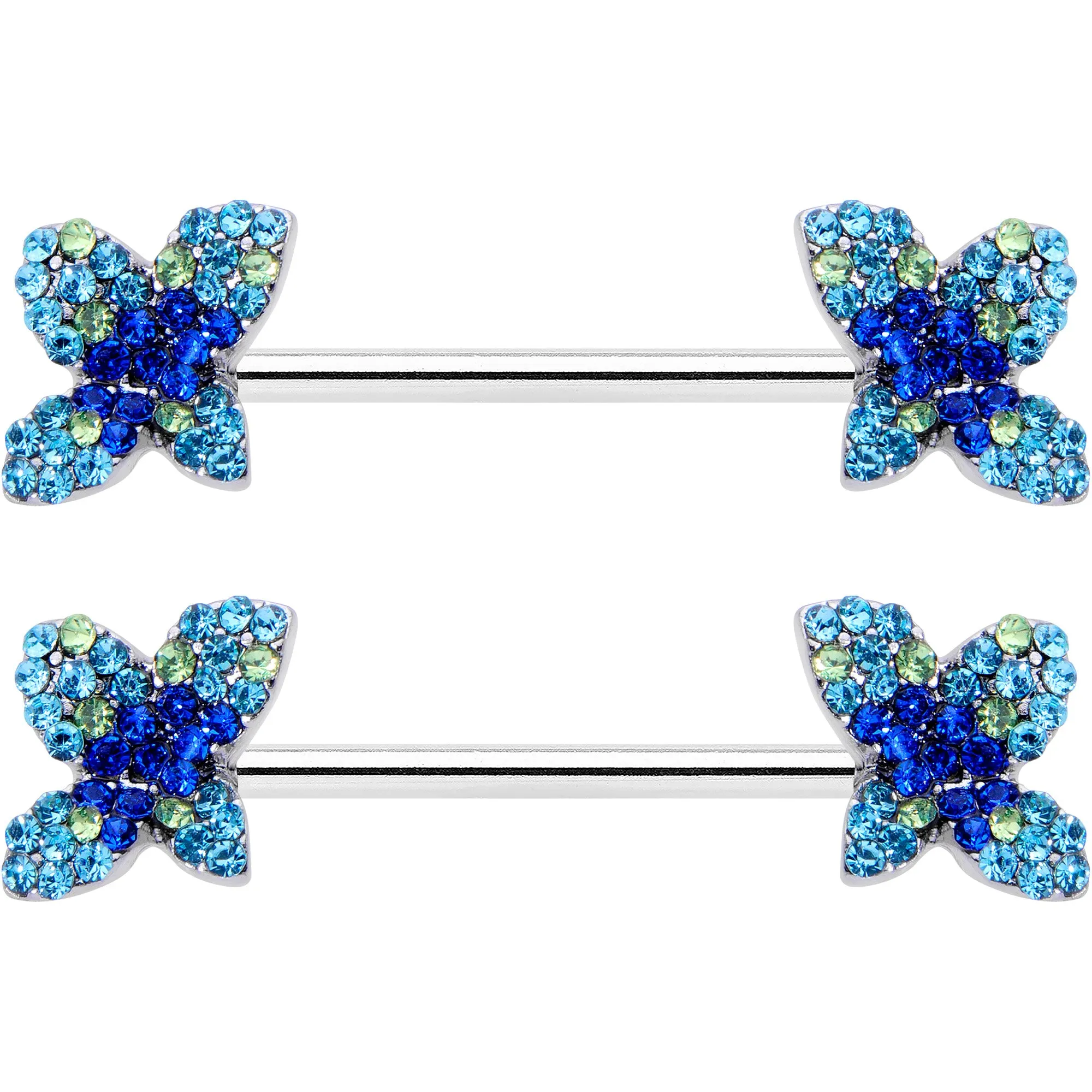 14 Gauge 9/16 Blue Gem Glamour Butterfly Barbell Nipple Ring Set