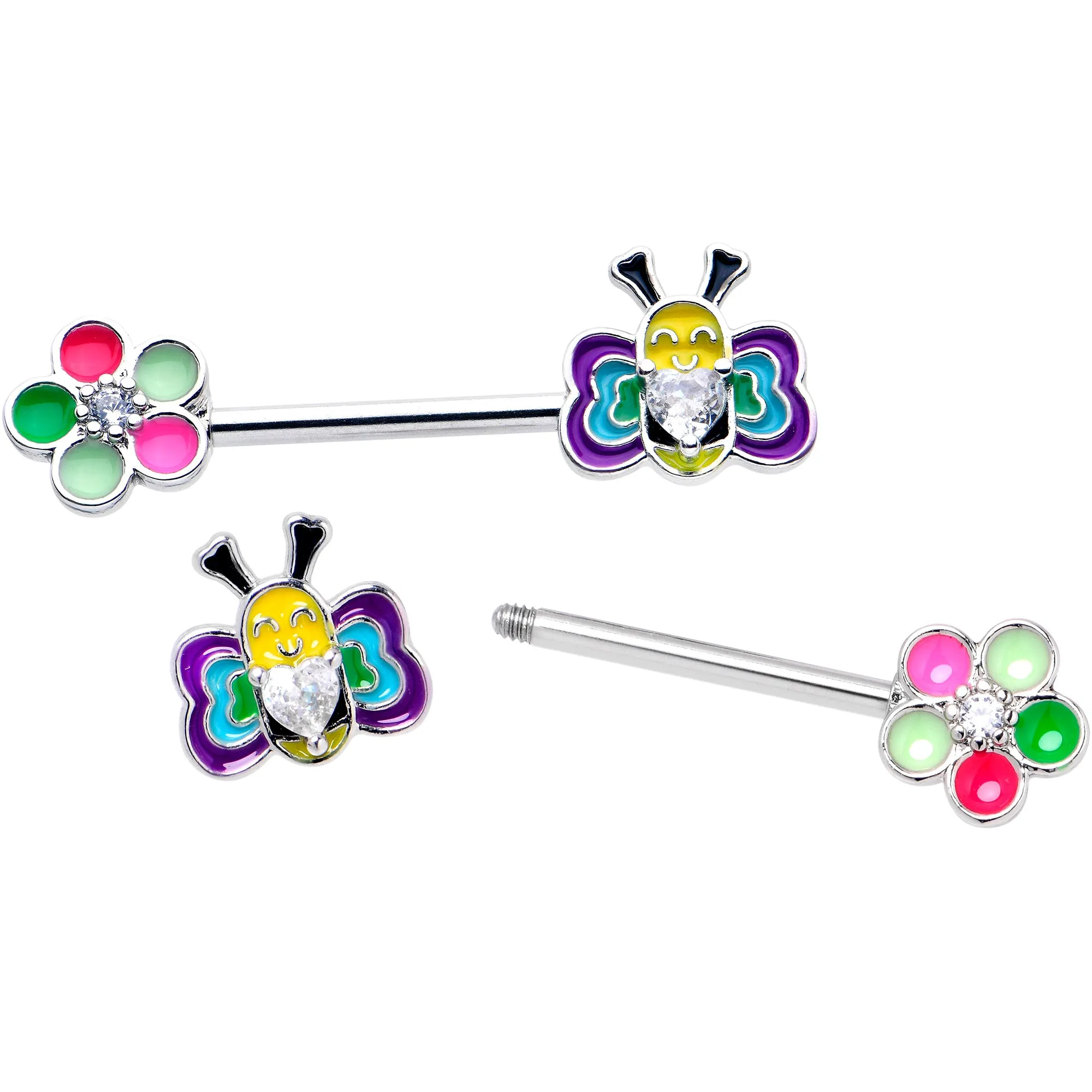 14 Gauge 9/16 Clear CZ Gem Butterfly Love Bug Barbell Nipple Ring Set
