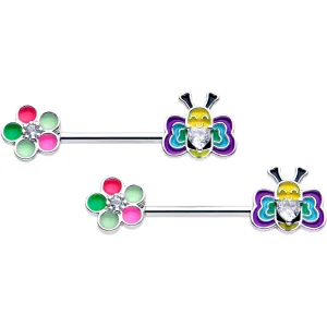 14 Gauge 9/16 Clear CZ Gem Butterfly Love Bug Barbell Nipple Ring Set