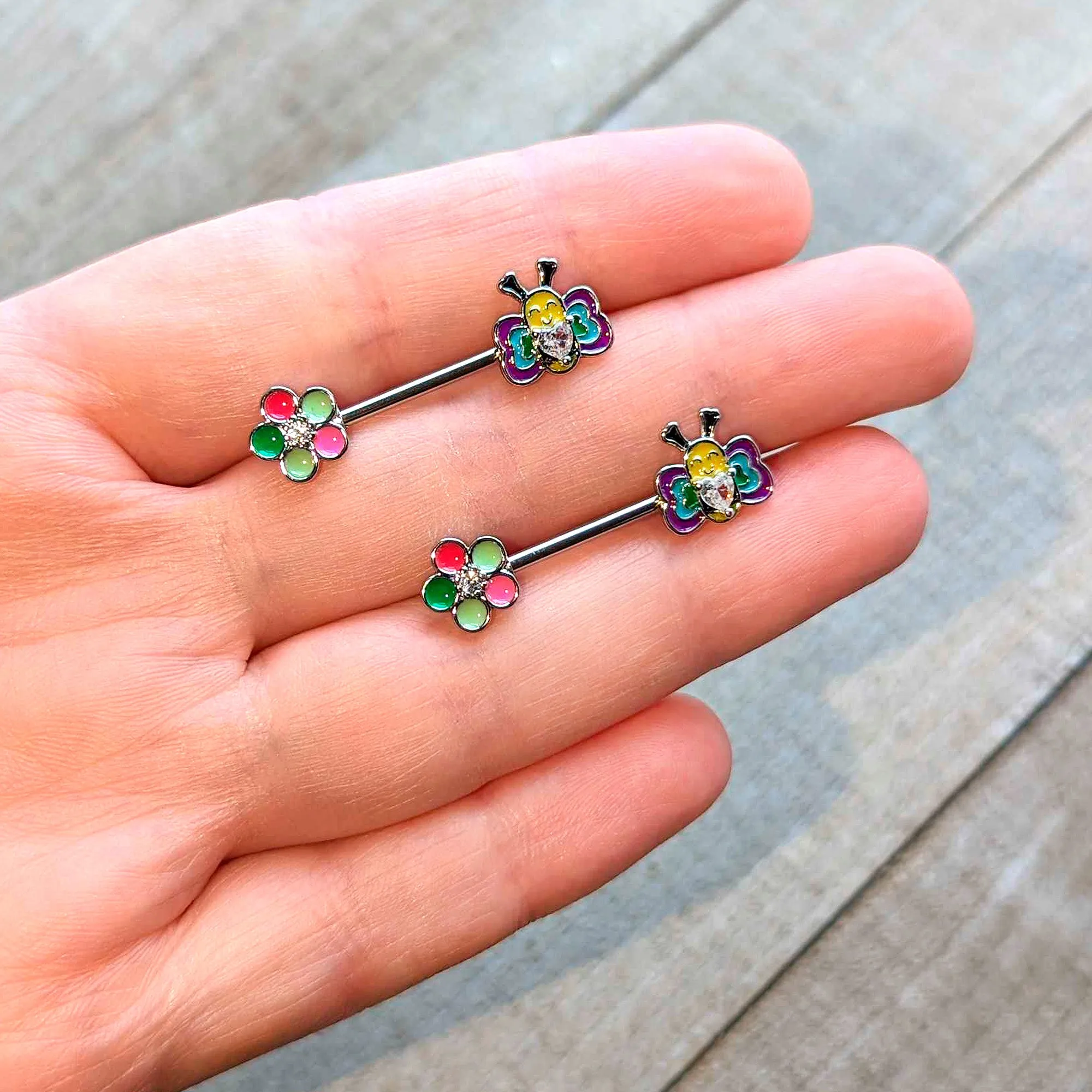 14 Gauge 9/16 Clear CZ Gem Butterfly Love Bug Barbell Nipple Ring Set