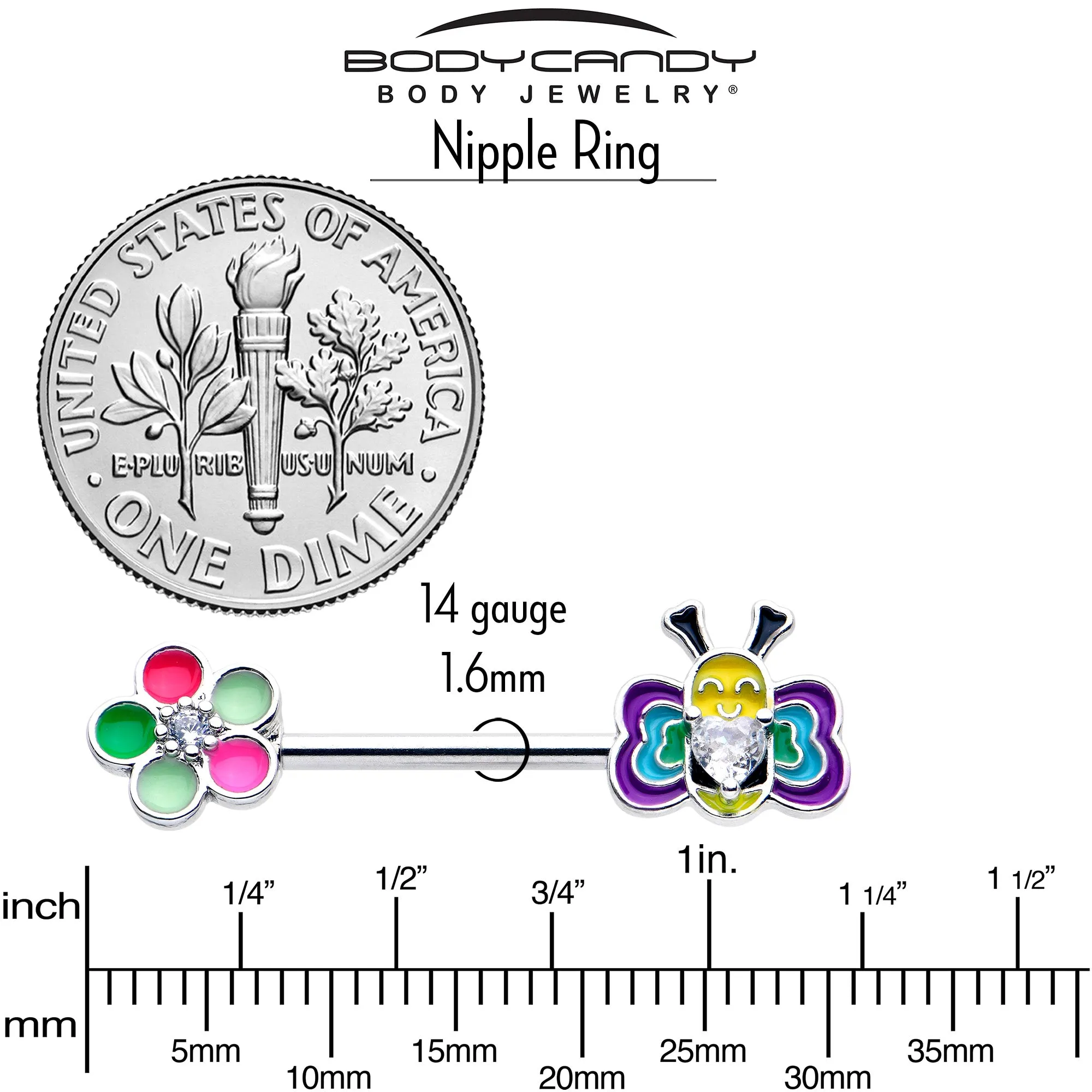 14 Gauge 9/16 Clear CZ Gem Butterfly Love Bug Barbell Nipple Ring Set