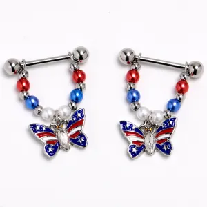 14 Gauge 9/16 Clear Gem Patriotic Butterfly Dangle Nipple Ring Set