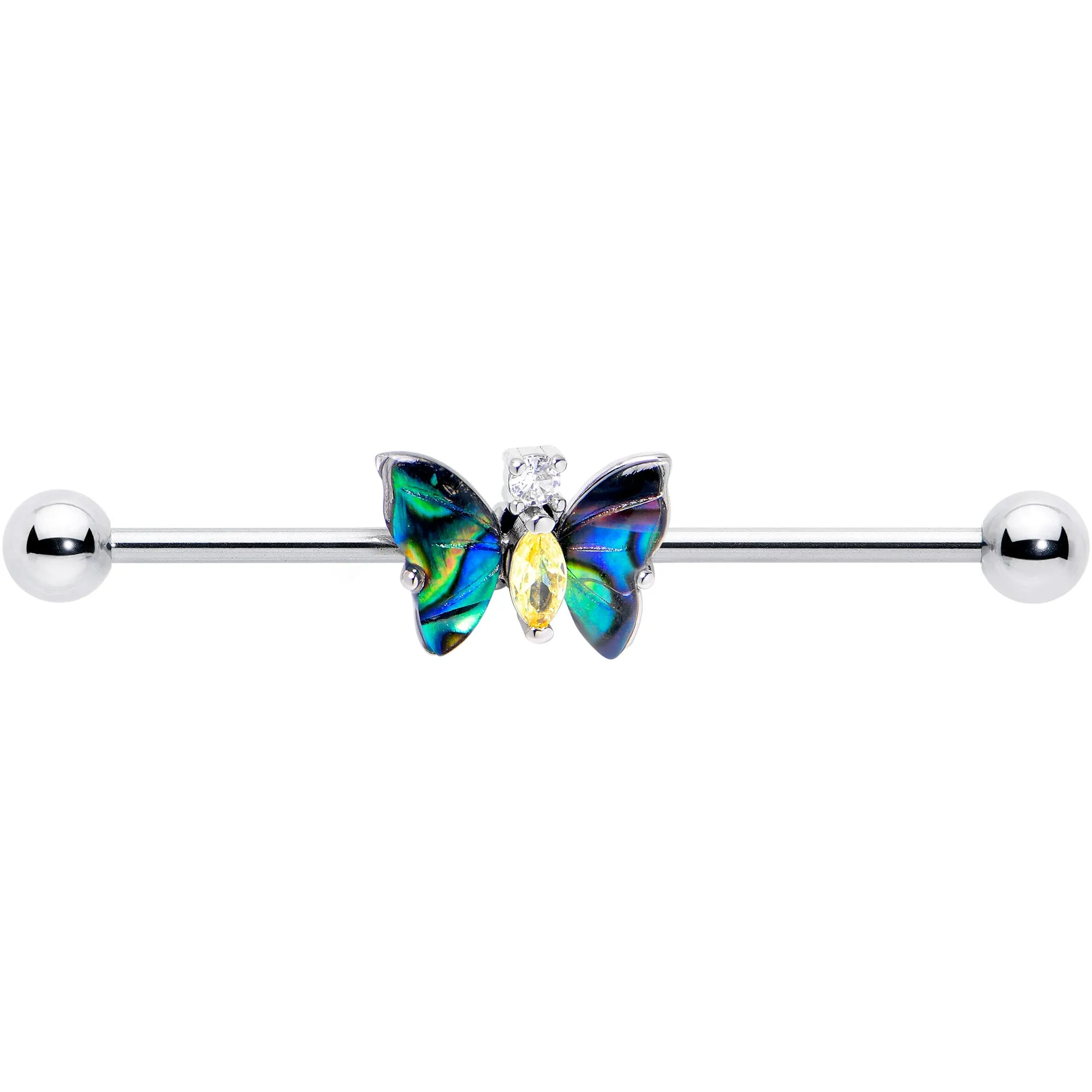 14 Gauge Yellow Clear Gem Dark Butterfly Industrial Barbell 38mm