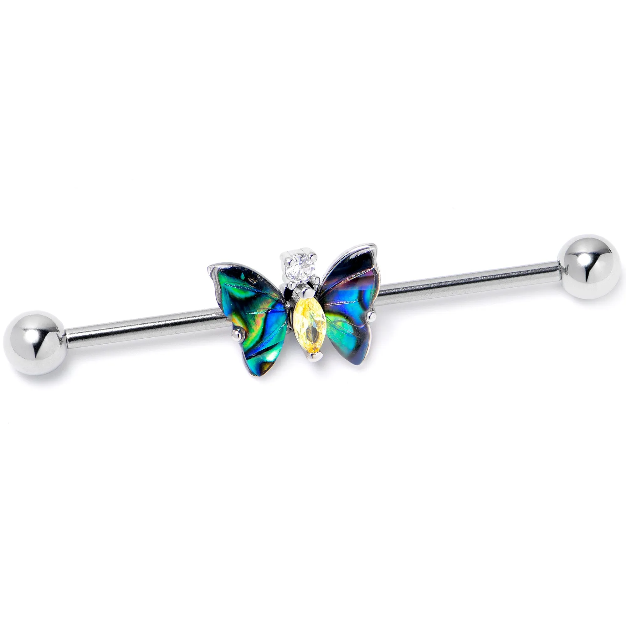 14 Gauge Yellow Clear Gem Dark Butterfly Industrial Barbell 38mm