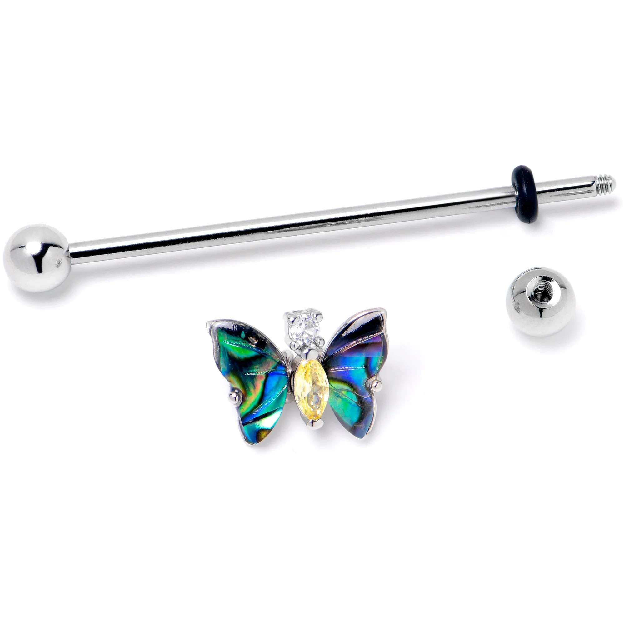 14 Gauge Yellow Clear Gem Dark Butterfly Industrial Barbell 38mm