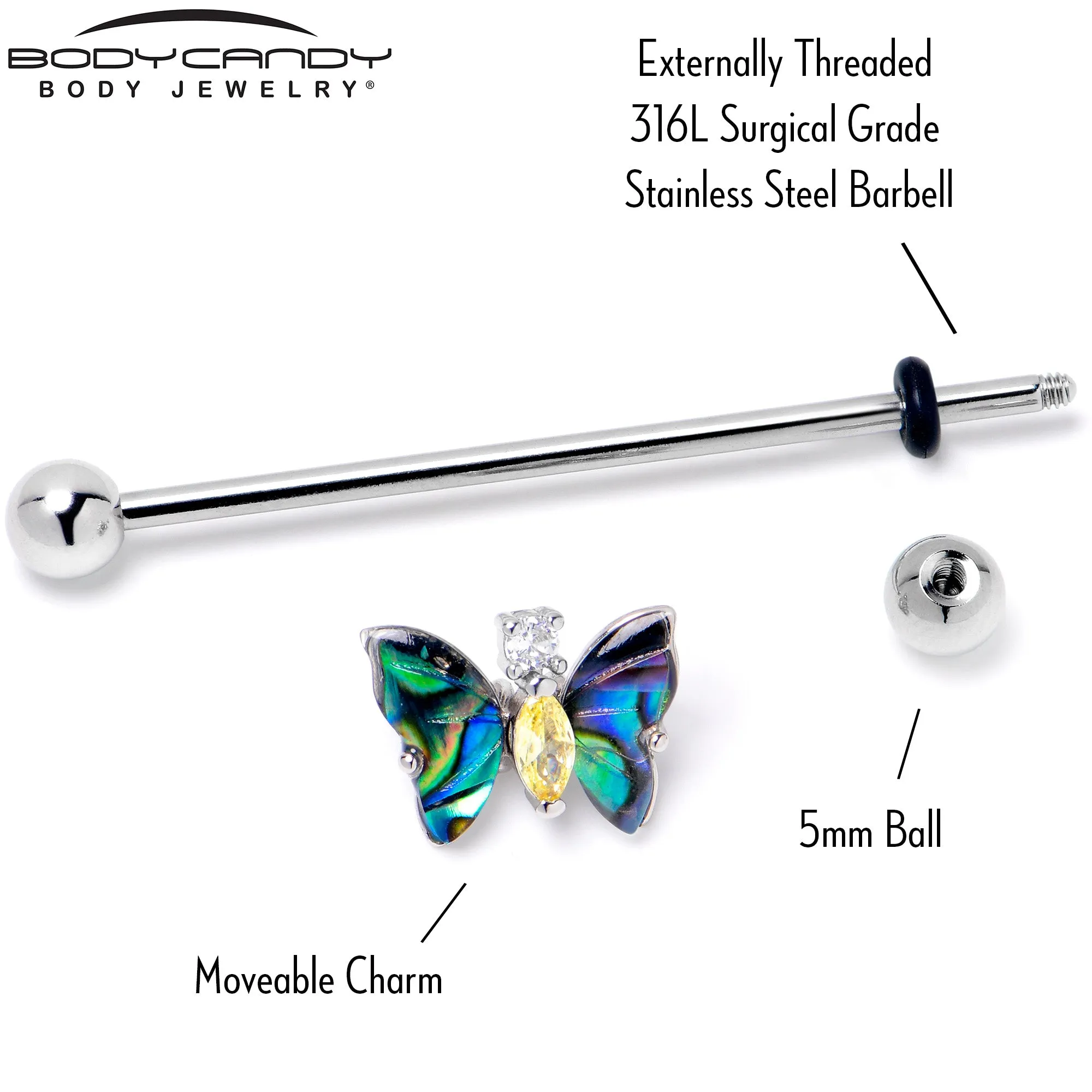14 Gauge Yellow Clear Gem Dark Butterfly Industrial Barbell 38mm