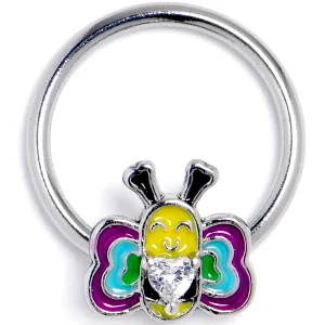 16 Gauge 3/8 Clear CZ Gem Butterfly Love Bug Heart BCR Captive Ring
