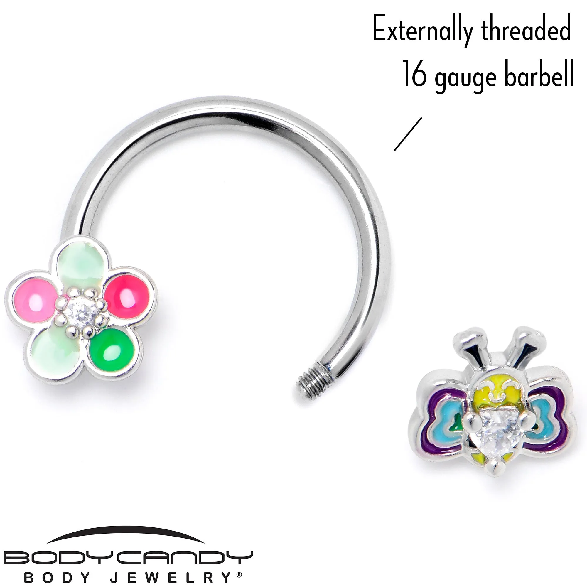 16 Gauge 3/8 Clear CZ Gem Butterfly Love Bug Horseshoe Circular Barbell