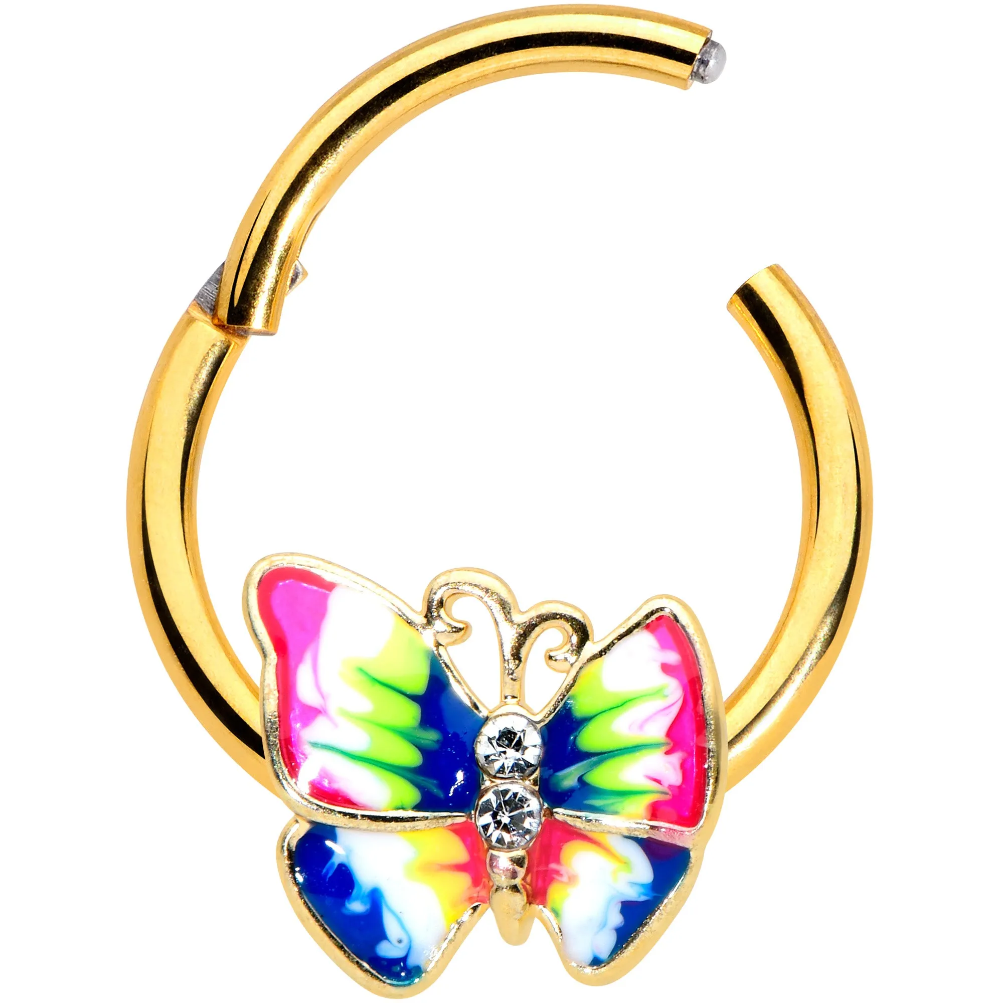 16 Gauge 3/8 Clear Gem Gold Tone Bright Butterfly Hinged Segment Ring