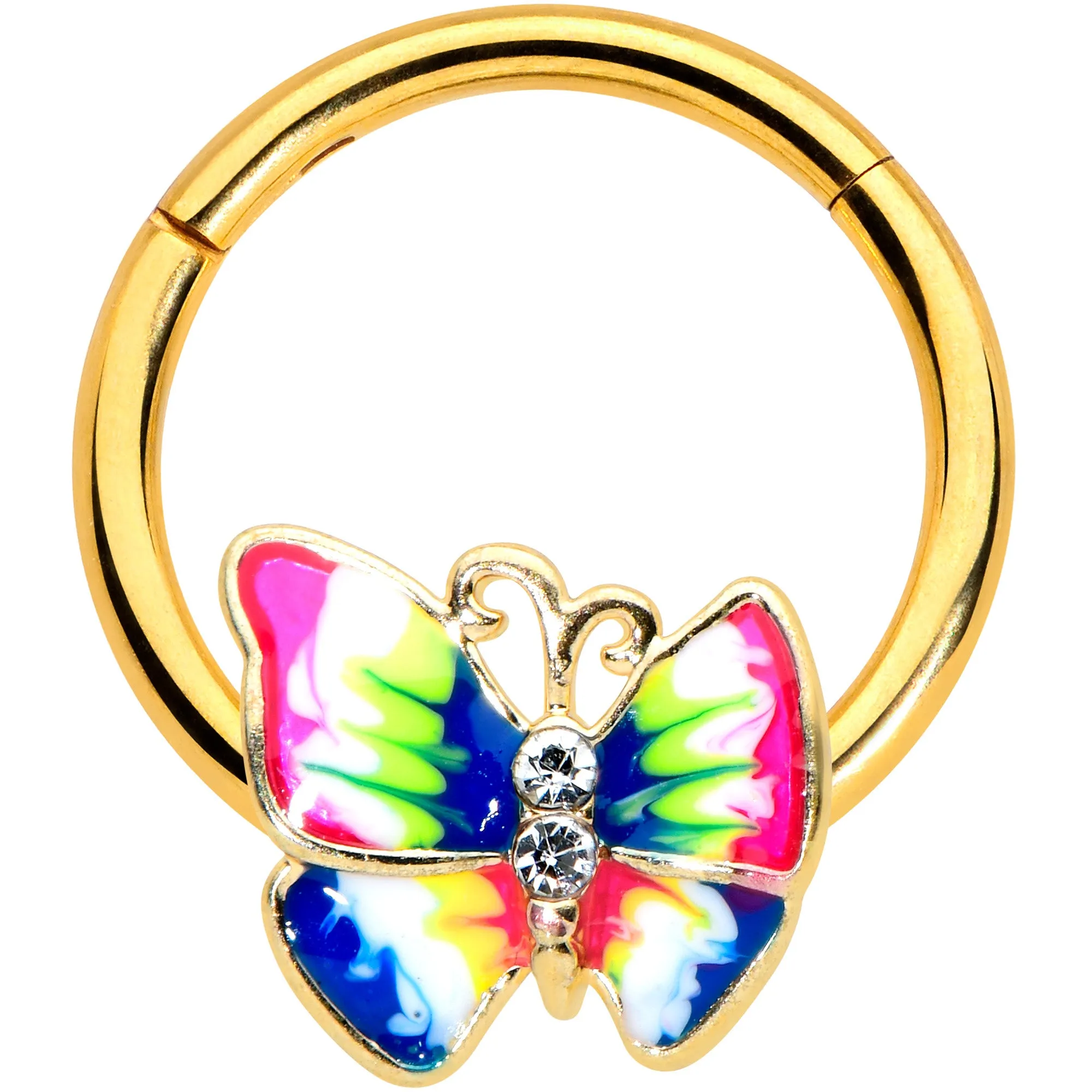 16 Gauge 3/8 Clear Gem Gold Tone Bright Butterfly Hinged Segment Ring