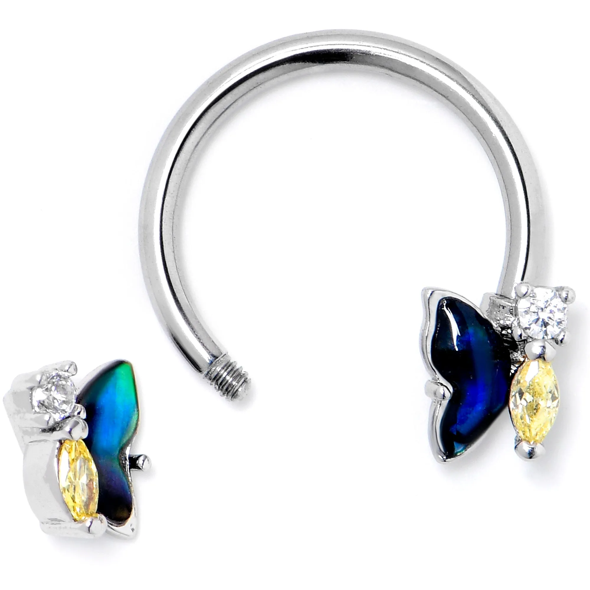 16 Gauge 3/8 Yellow Clear Gem Dark Butterfly Horseshoe Circular Barbell