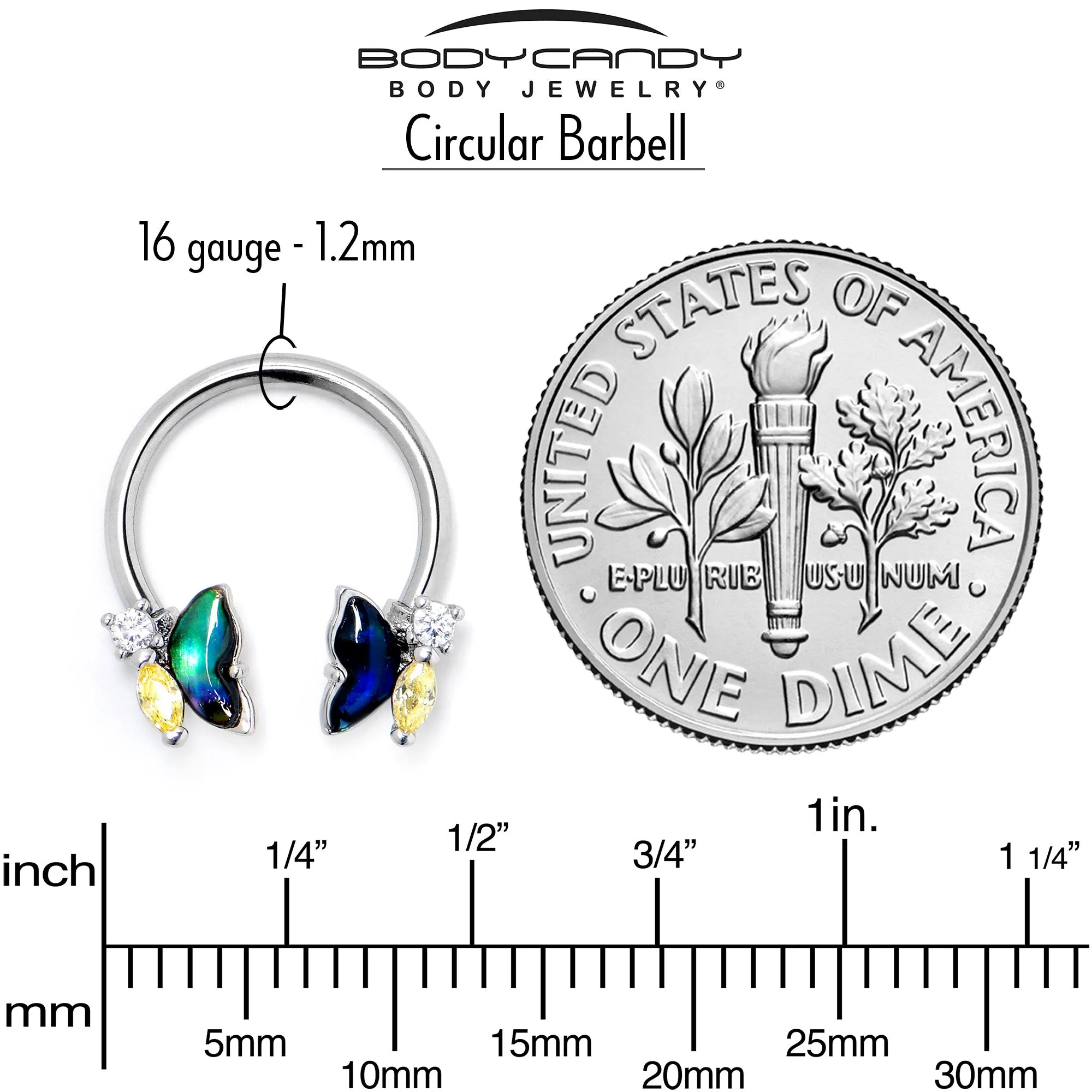 16 Gauge 3/8 Yellow Clear Gem Dark Butterfly Horseshoe Circular Barbell