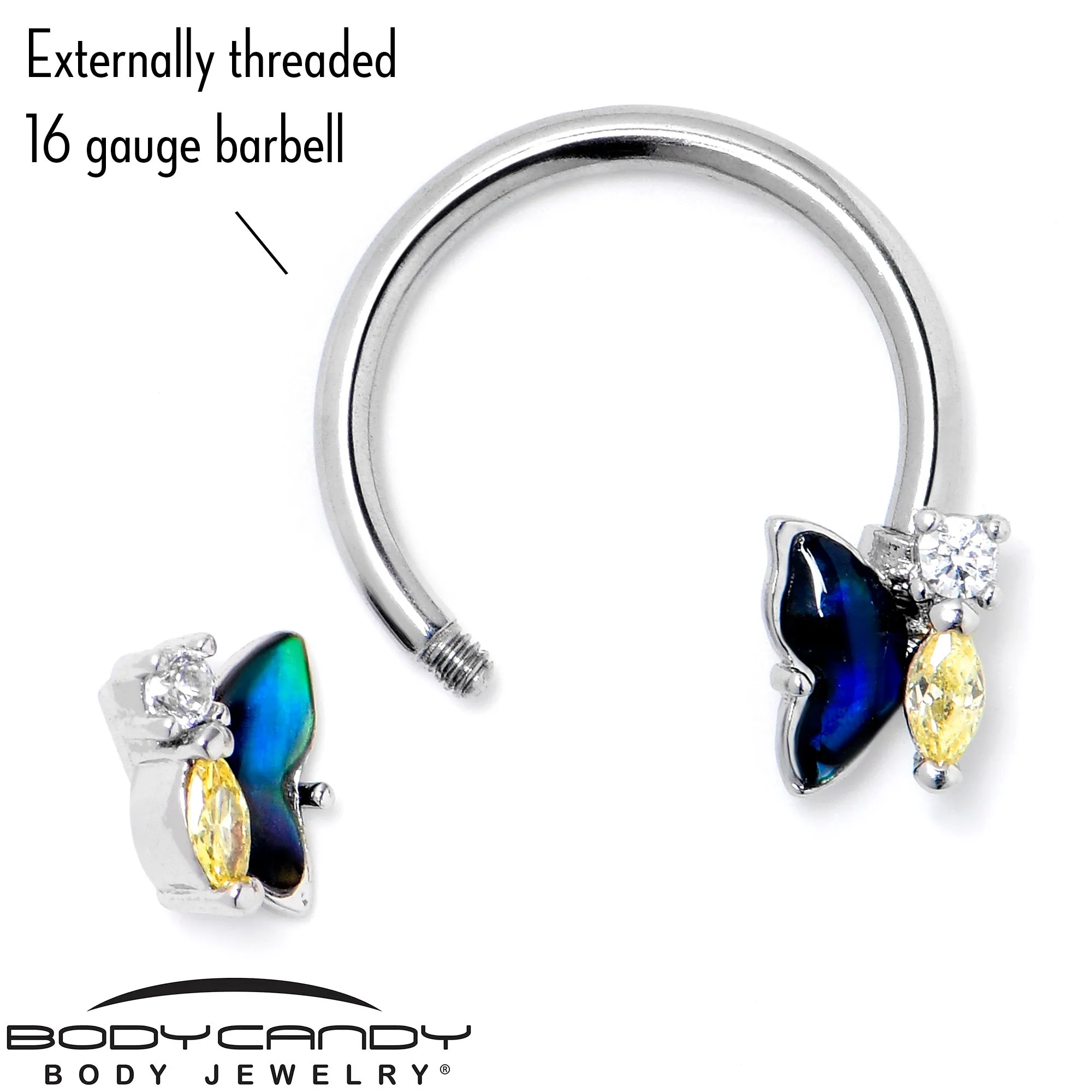 16 Gauge 3/8 Yellow Clear Gem Dark Butterfly Horseshoe Circular Barbell
