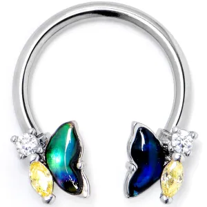 16 Gauge 3/8 Yellow Clear Gem Dark Butterfly Horseshoe Circular Barbell