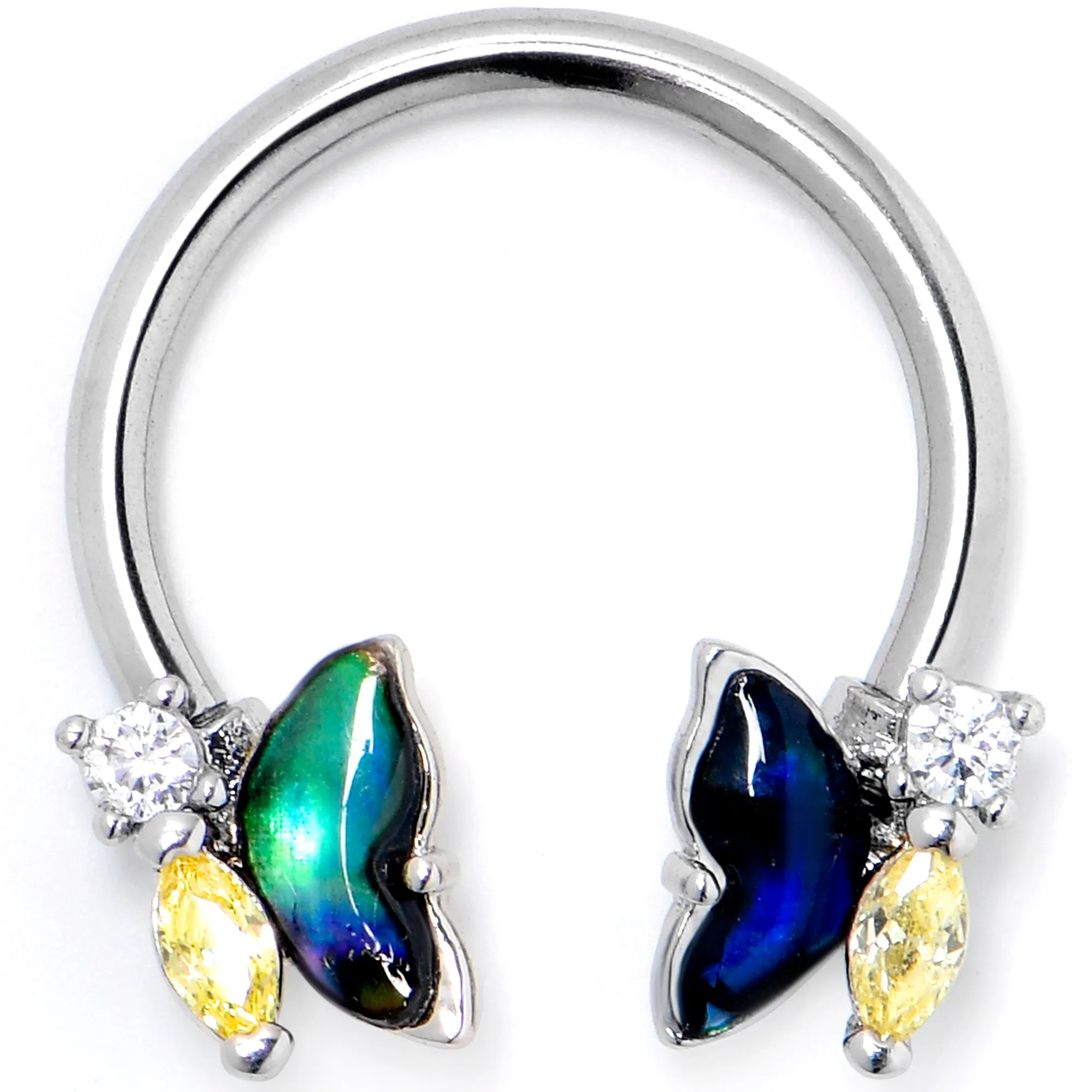 16 Gauge 3/8 Yellow Clear Gem Dark Butterfly Horseshoe Circular Barbell