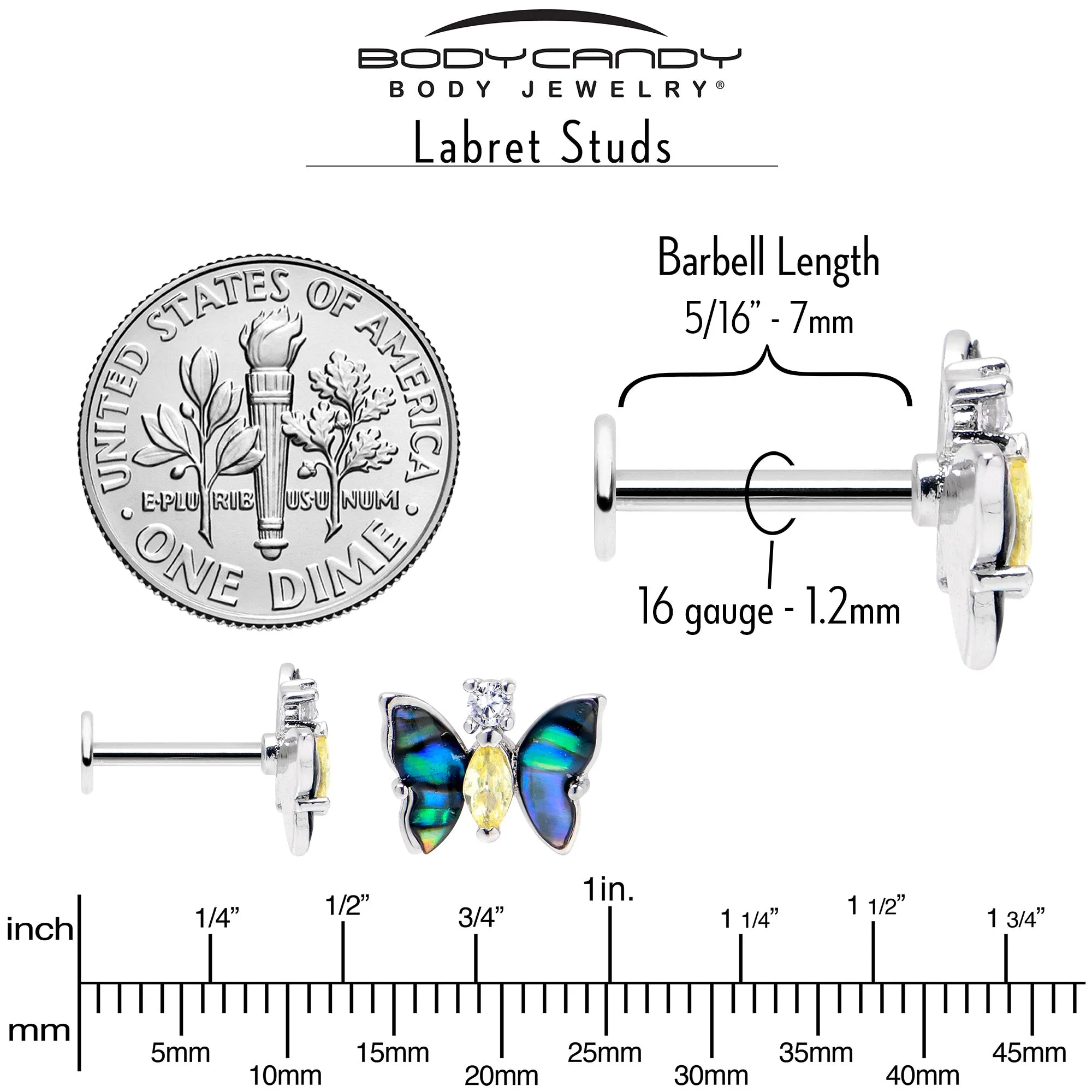 16 Gauge 5/16 Yellow Clear Gem Dark Butterfly Labret Monroe Tragus