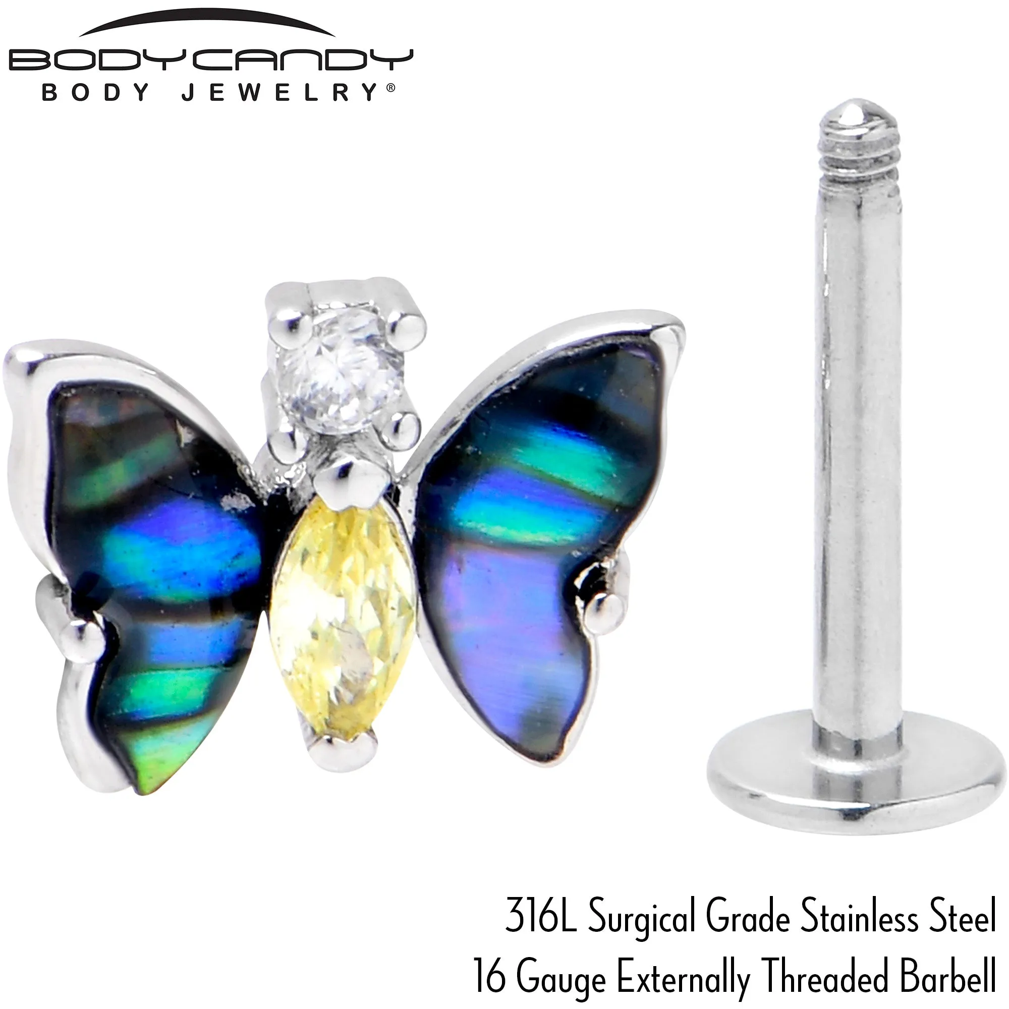 16 Gauge 5/16 Yellow Clear Gem Dark Butterfly Labret Monroe Tragus