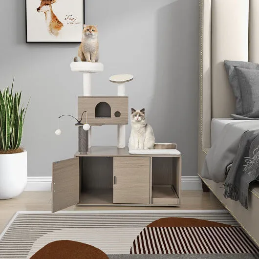 2-in-1 Modern Cat Tower with Litter Box Enclosure for Indoor Cars-Gray - Color: