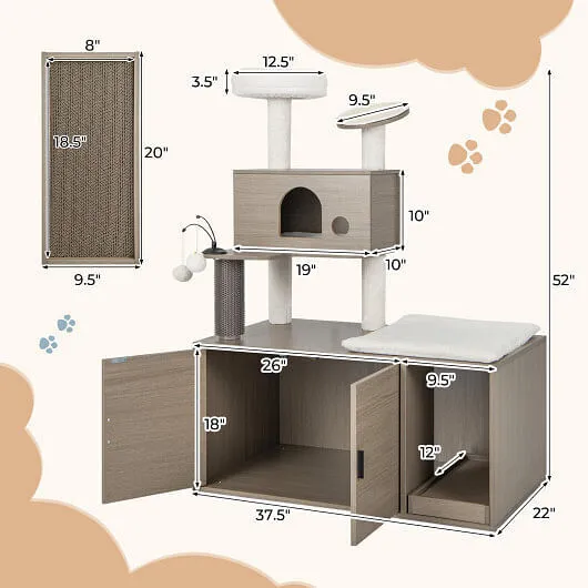 2-in-1 Modern Cat Tower with Litter Box Enclosure for Indoor Cars-Gray - Color: