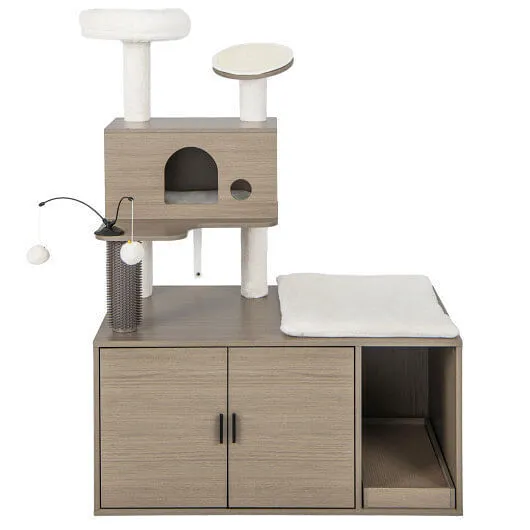 2-in-1 Modern Cat Tower with Litter Box Enclosure for Indoor Cars-Gray - Color: