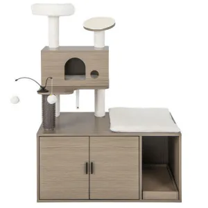2-in-1 Modern Cat Tower with Litter Box Enclosure for Indoor Cars-Gray - Color: