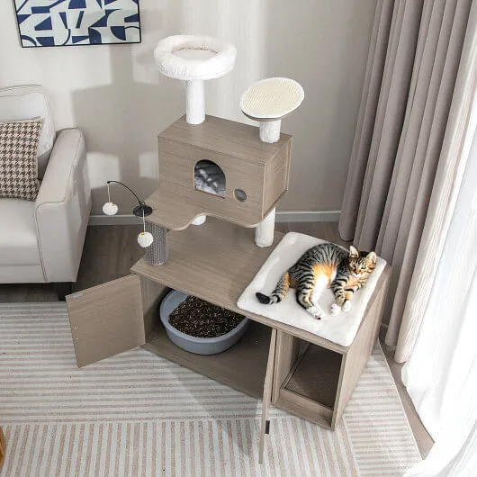2-in-1 Modern Cat Tower with Litter Box Enclosure for Indoor Cars-Gray - Color: