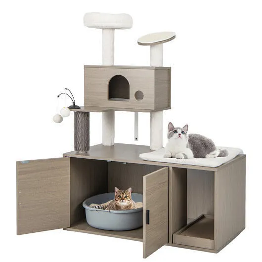 2-in-1 Modern Cat Tower with Litter Box Enclosure for Indoor Cars-Gray - Color: