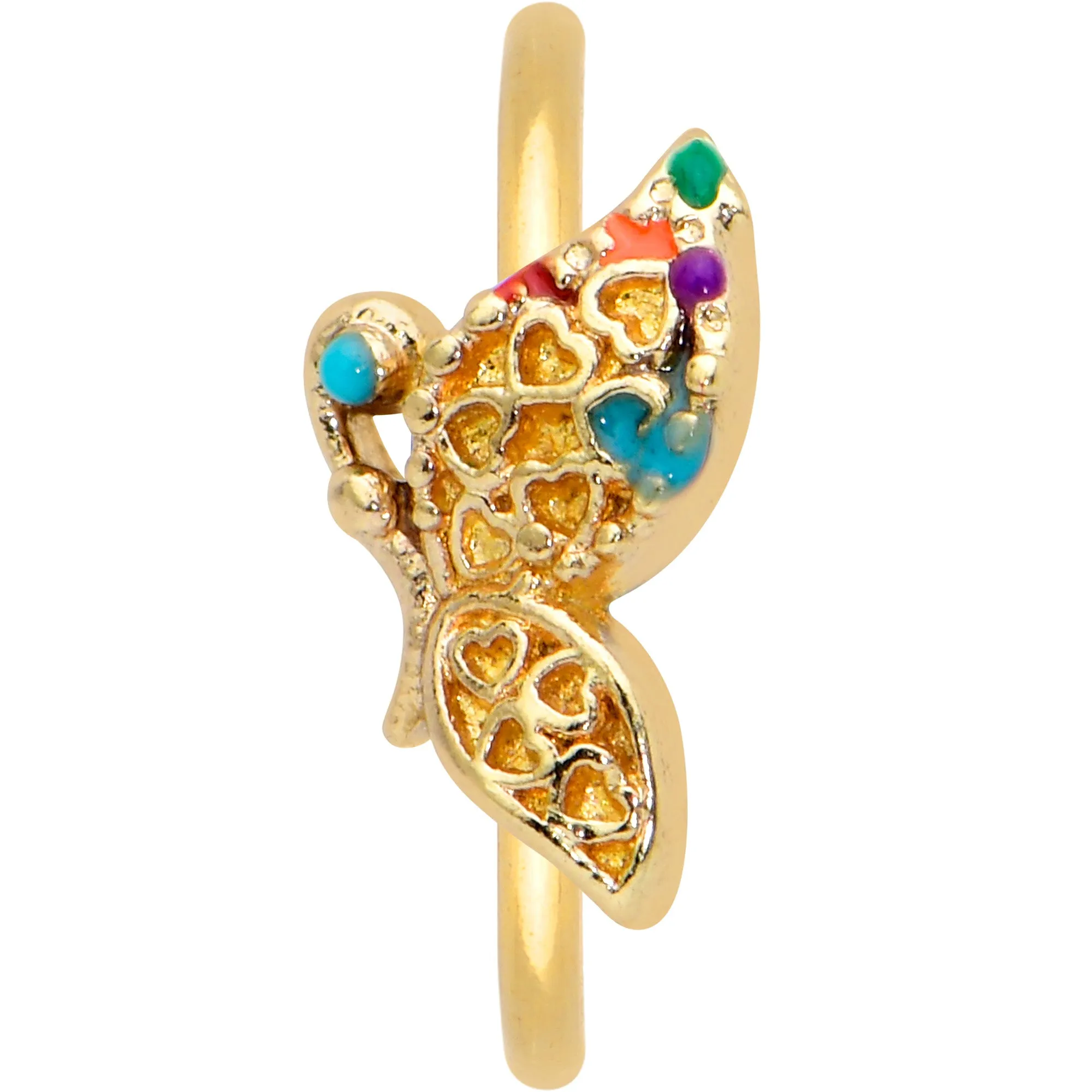 20 Gauge 5/16 Gold Tone Colorful Hearts Butterfly Nose Hoop