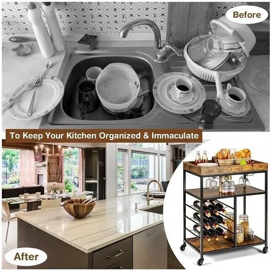 3-Tier Wood Rolling Kitchen Serving Cart with 9 Wine Bottles Rack Metal Frame-Ru