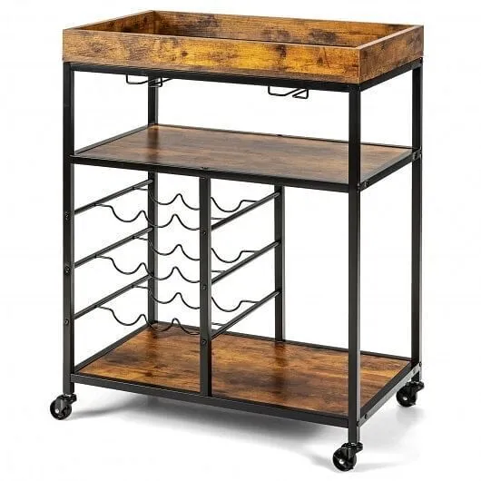 3-Tier Wood Rolling Kitchen Serving Cart with 9 Wine Bottles Rack Metal Frame-Ru