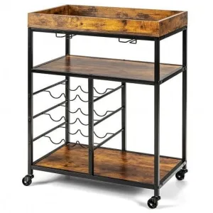 3-Tier Wood Rolling Kitchen Serving Cart with 9 Wine Bottles Rack Metal Frame-Ru