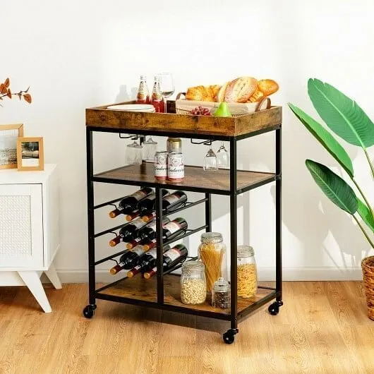 3-Tier Wood Rolling Kitchen Serving Cart with 9 Wine Bottles Rack Metal Frame-Ru