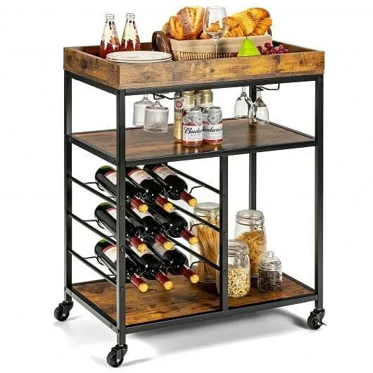 3-Tier Wood Rolling Kitchen Serving Cart with 9 Wine Bottles Rack Metal Frame-Ru