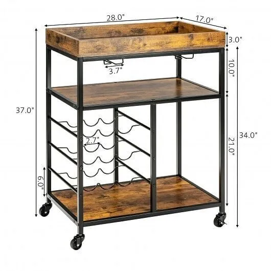 3-Tier Wood Rolling Kitchen Serving Cart with 9 Wine Bottles Rack Metal Frame-Ru