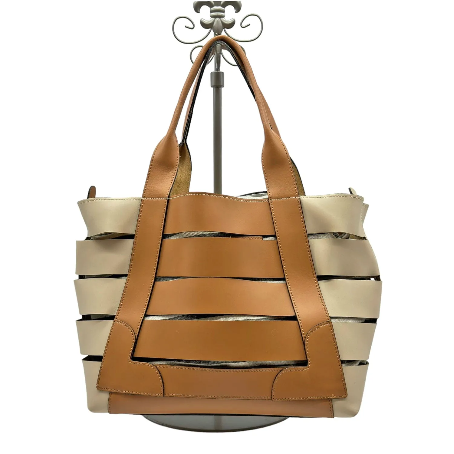 A. BELUCCI Leather Cut Out Satchel - Tan & Cream
