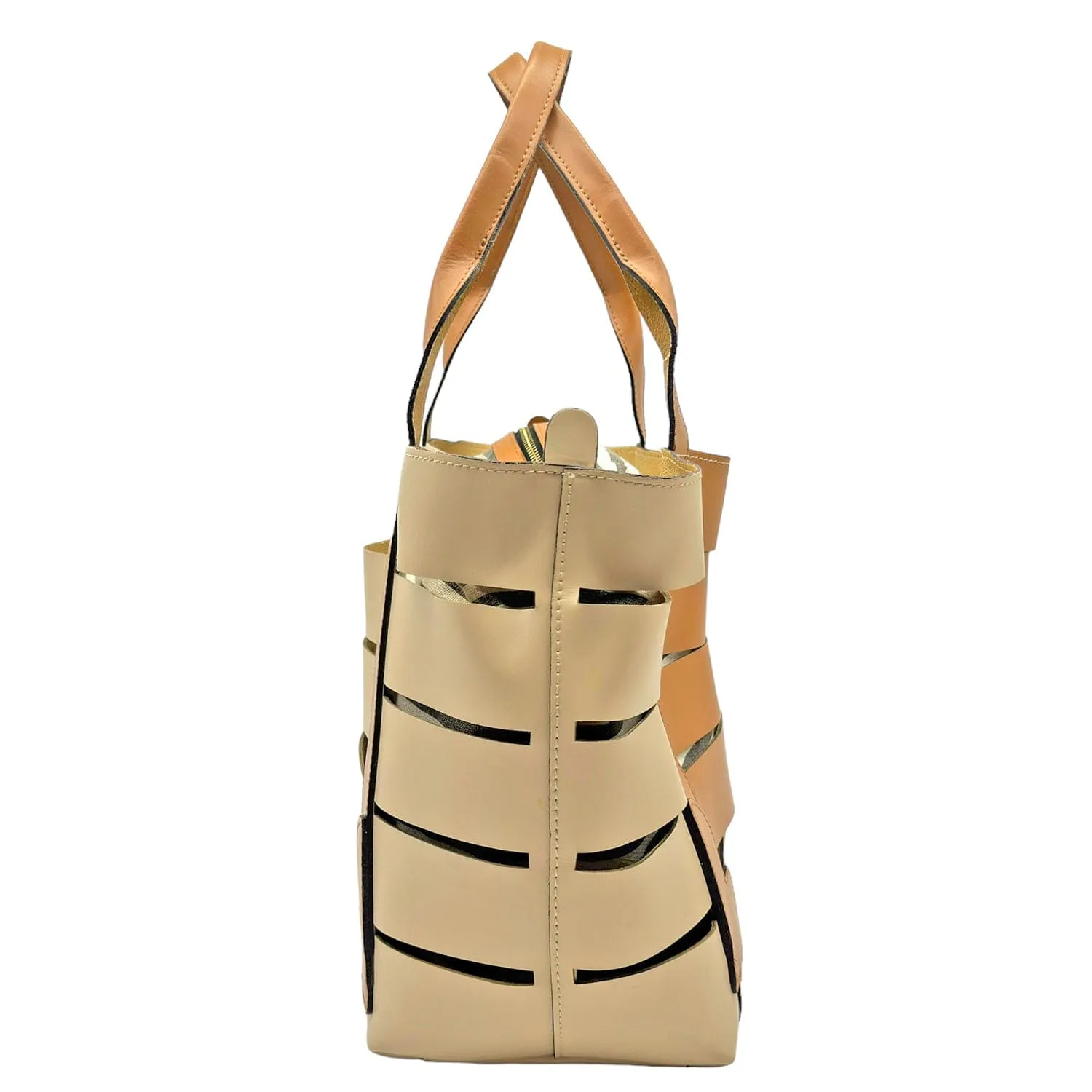 A. BELUCCI Leather Cut Out Satchel - Tan & Cream