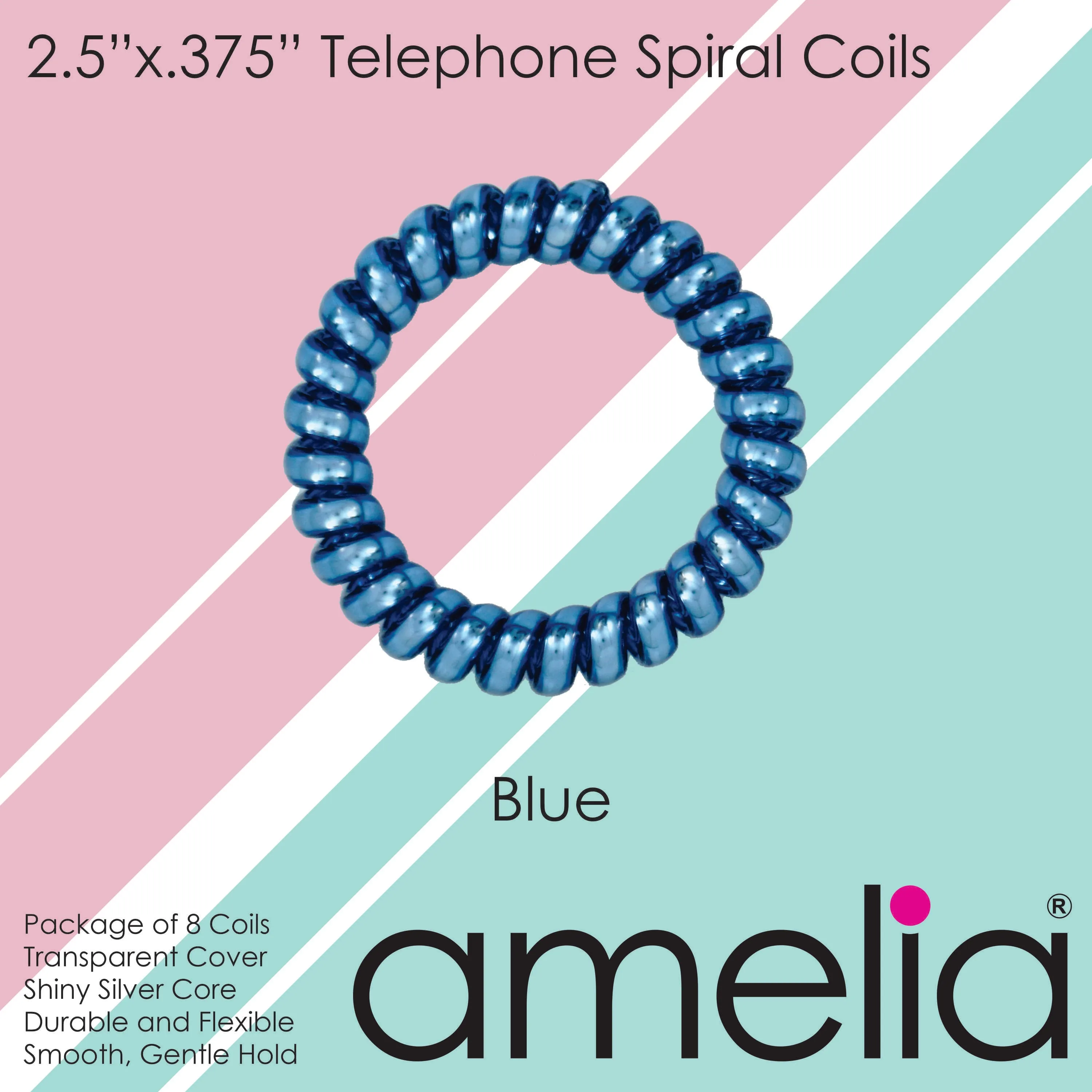 Amelia Beauty Products 8 Large Smooth Shiny Center Elastic Hair Coils, 2. 5in Diameter Thick Spiral Hair Ties, Gentle on Hair, Strong Hold and Minimizes Dents and Creases, Blue