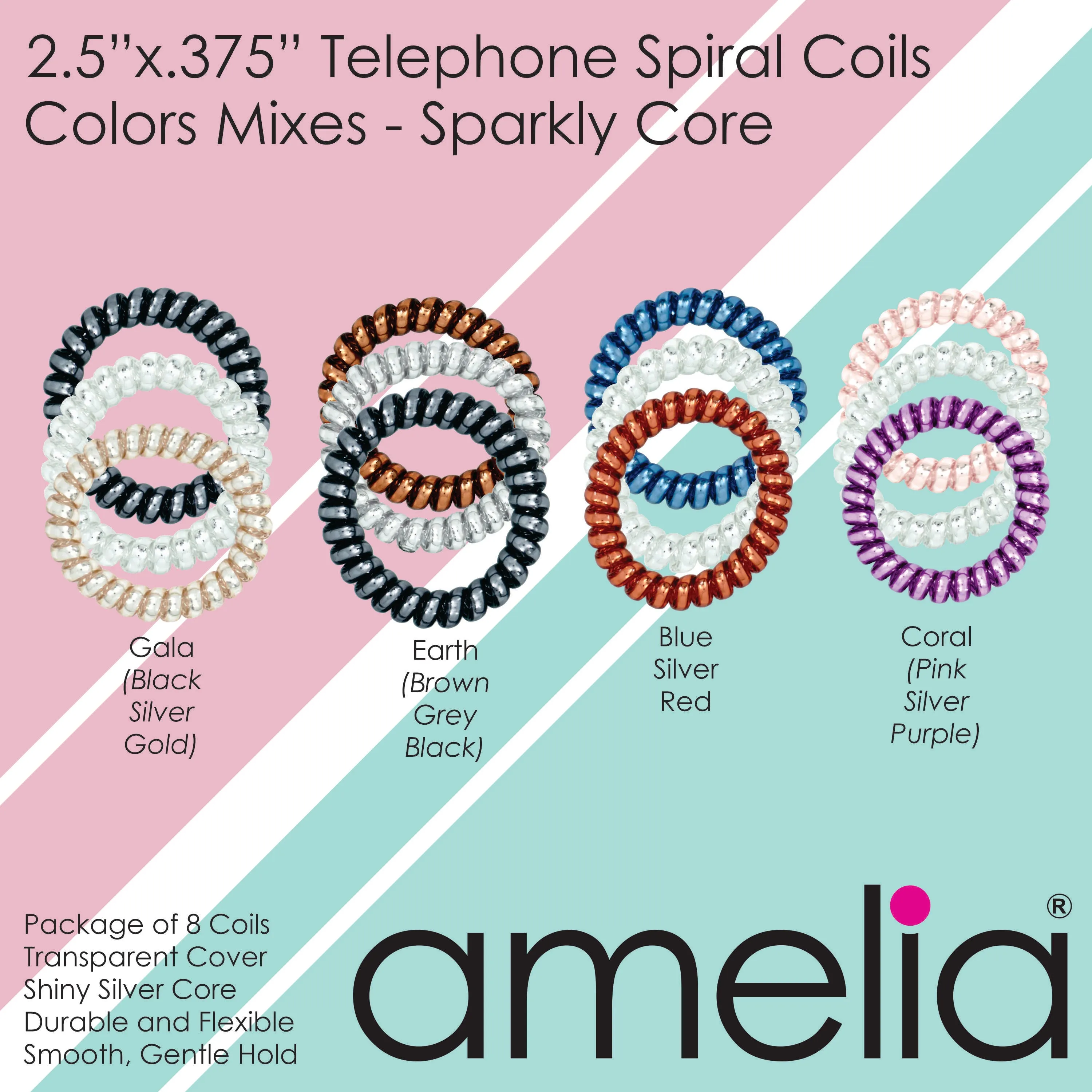 Amelia Beauty Products 8 Large Smooth Shiny Center Elastic Hair Coils, 2. 5in Diameter Thick Spiral Hair Ties, Gentle on Hair, Strong Hold and Minimizes Dents and Creases, Blue