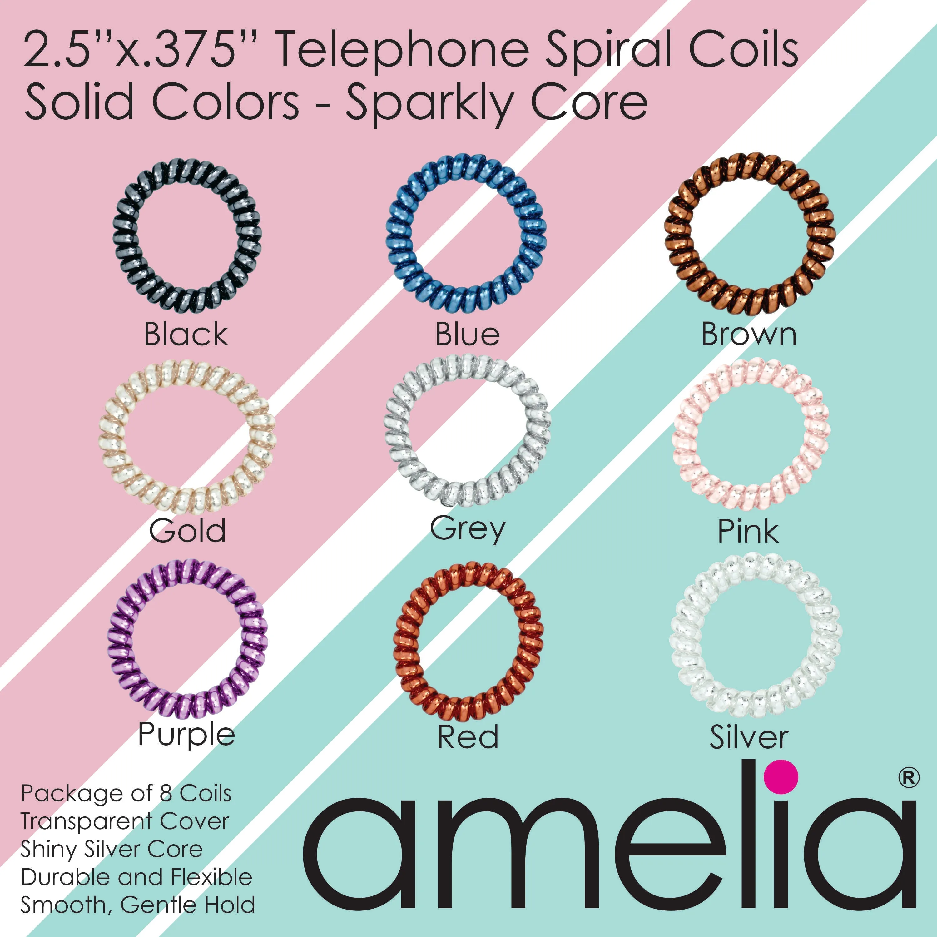 Amelia Beauty Products 8 Large Smooth Shiny Center Elastic Hair Coils, 2. 5in Diameter Thick Spiral Hair Ties, Gentle on Hair, Strong Hold and Minimizes Dents and Creases, Blue