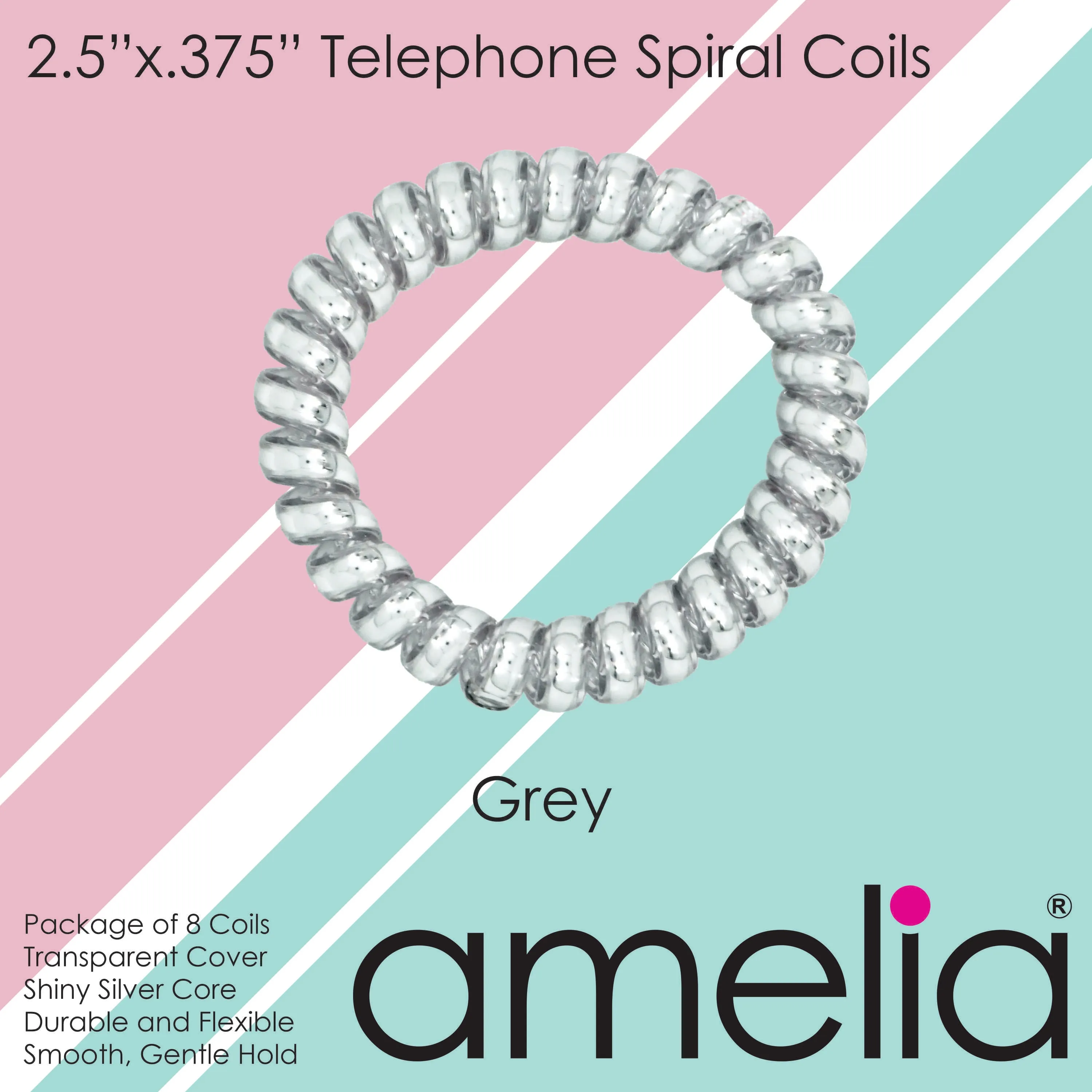 Amelia Beauty Products 8 Large Smooth Shiny Center Elastic Hair Coils, 2. 5in Diameter Thick Spiral Hair Ties, Gentle on Hair, Strong Hold and Minimizes Dents and Creases, Gray