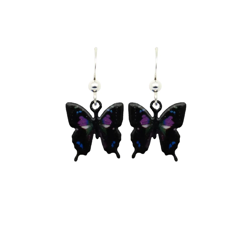 Black & Purple Butterfly Earrings, Sterling Silver Earwires, Item# 2301