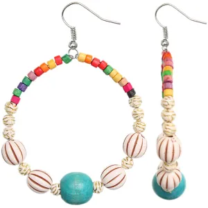 Blue Wooden Beaded Coil Hoop Earrings
