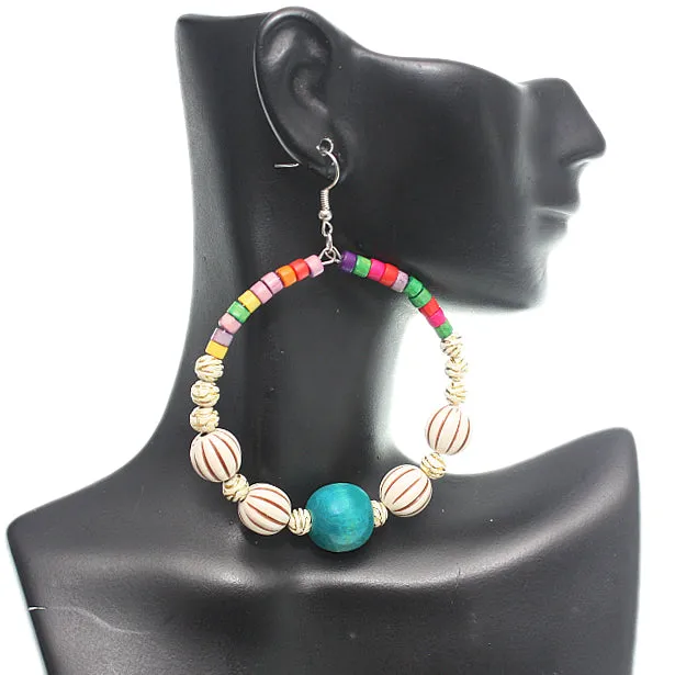 Blue Wooden Beaded Coil Hoop Earrings