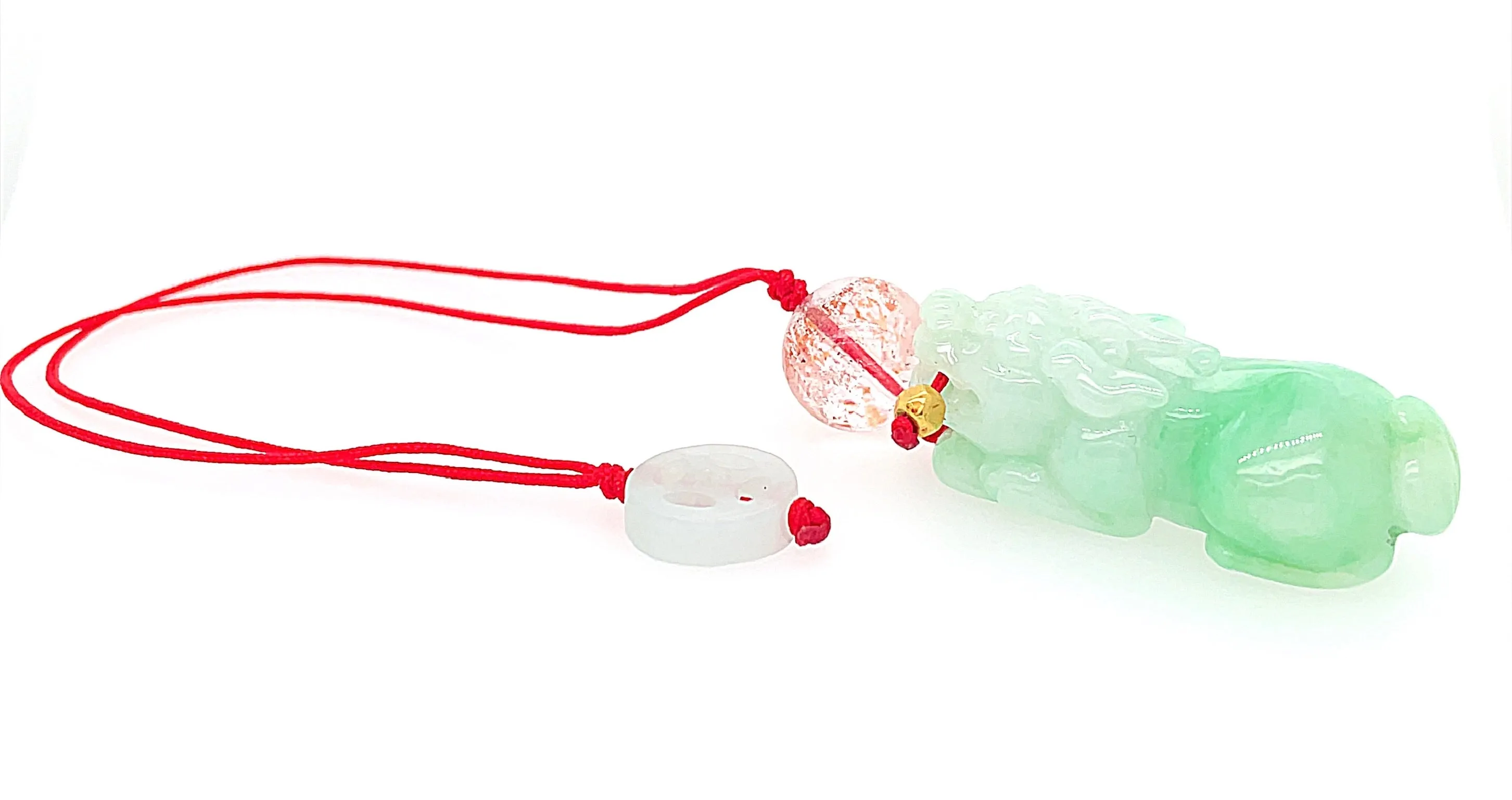 Burmese Green Jadeite Pei Yao/Pixiu, Coin, 24kt YG Bead & Super 7 Charm