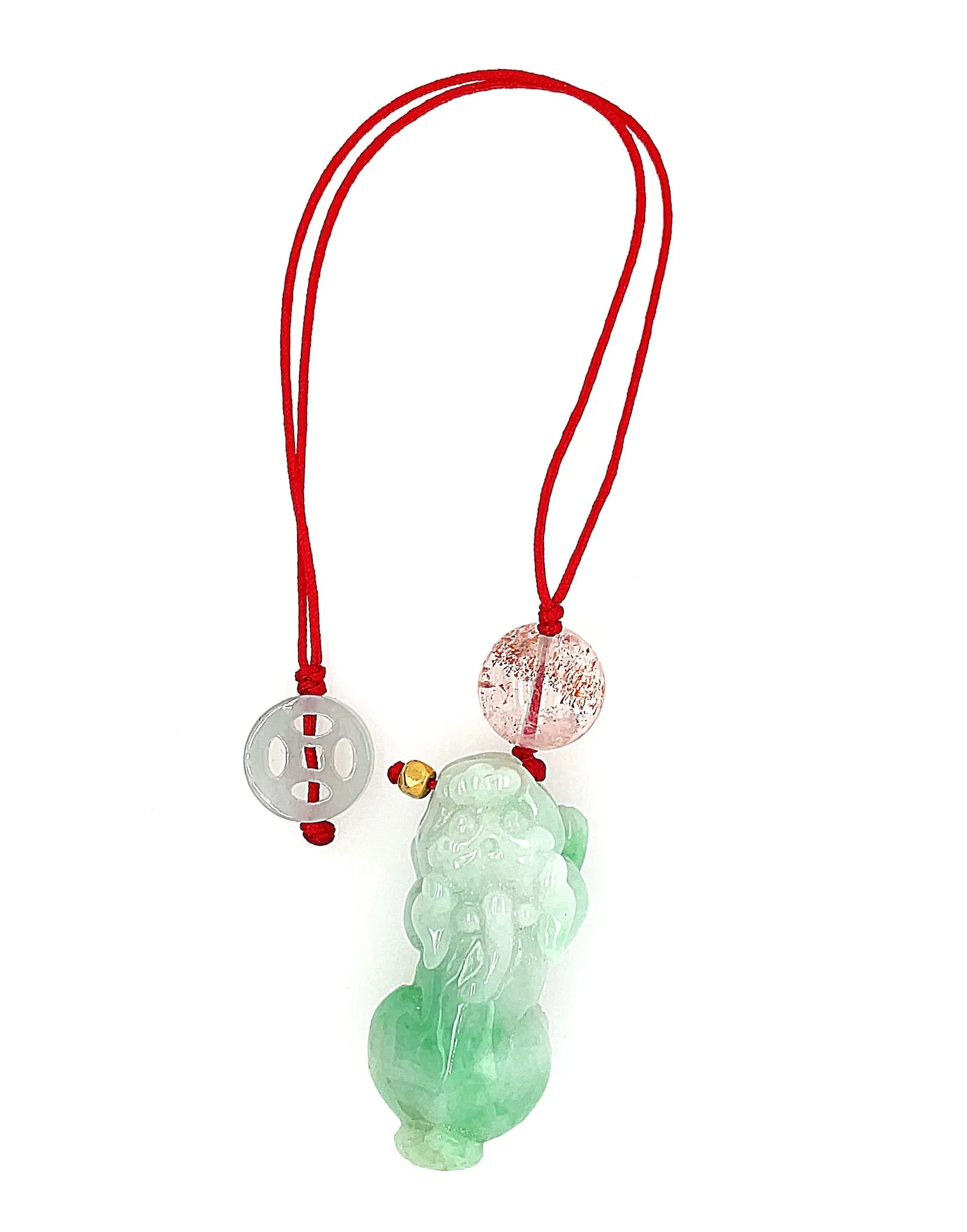 Burmese Green Jadeite Pei Yao/Pixiu, Coin, 24kt YG Bead & Super 7 Charm
