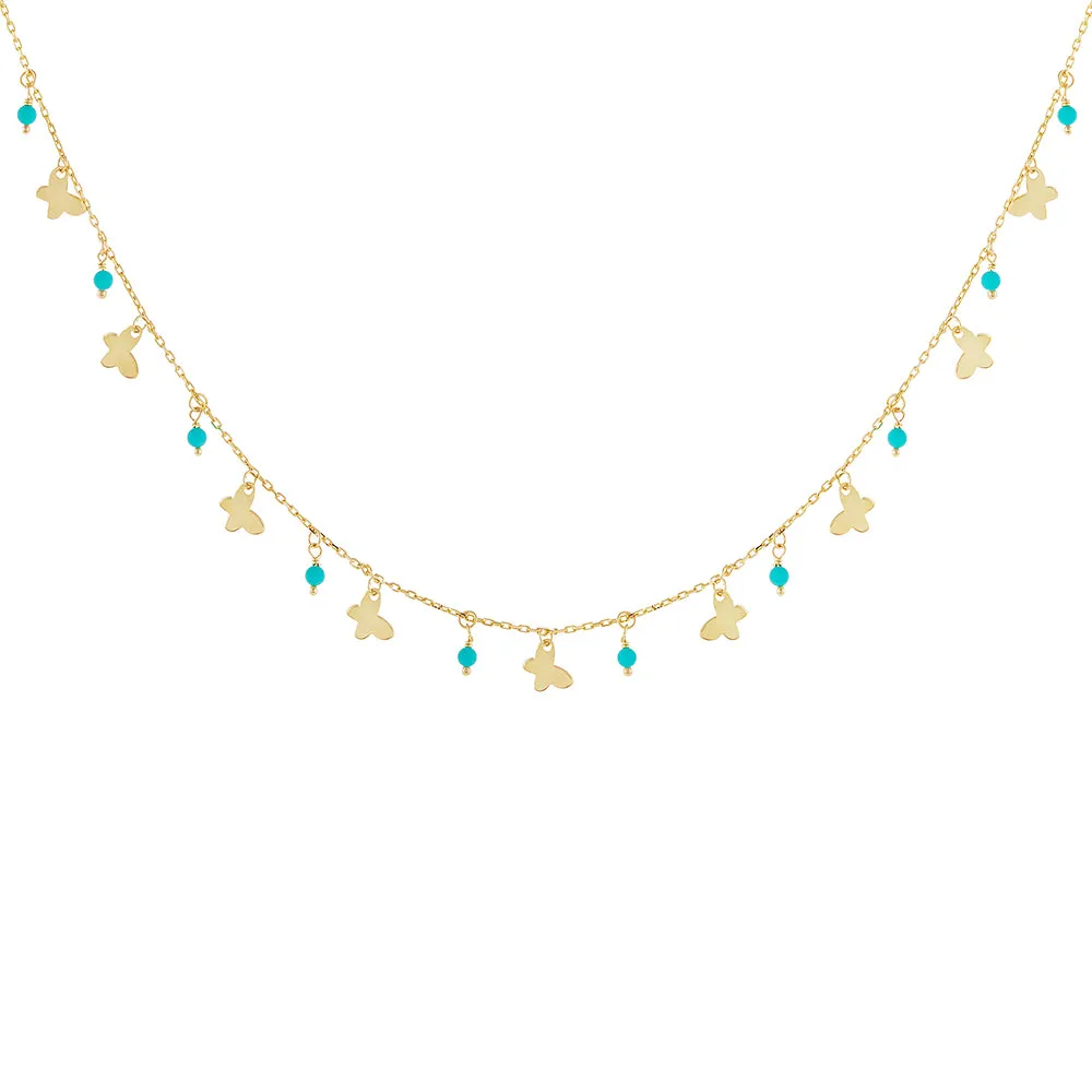 Butterfly X Turquoise Beads Necklace 14K