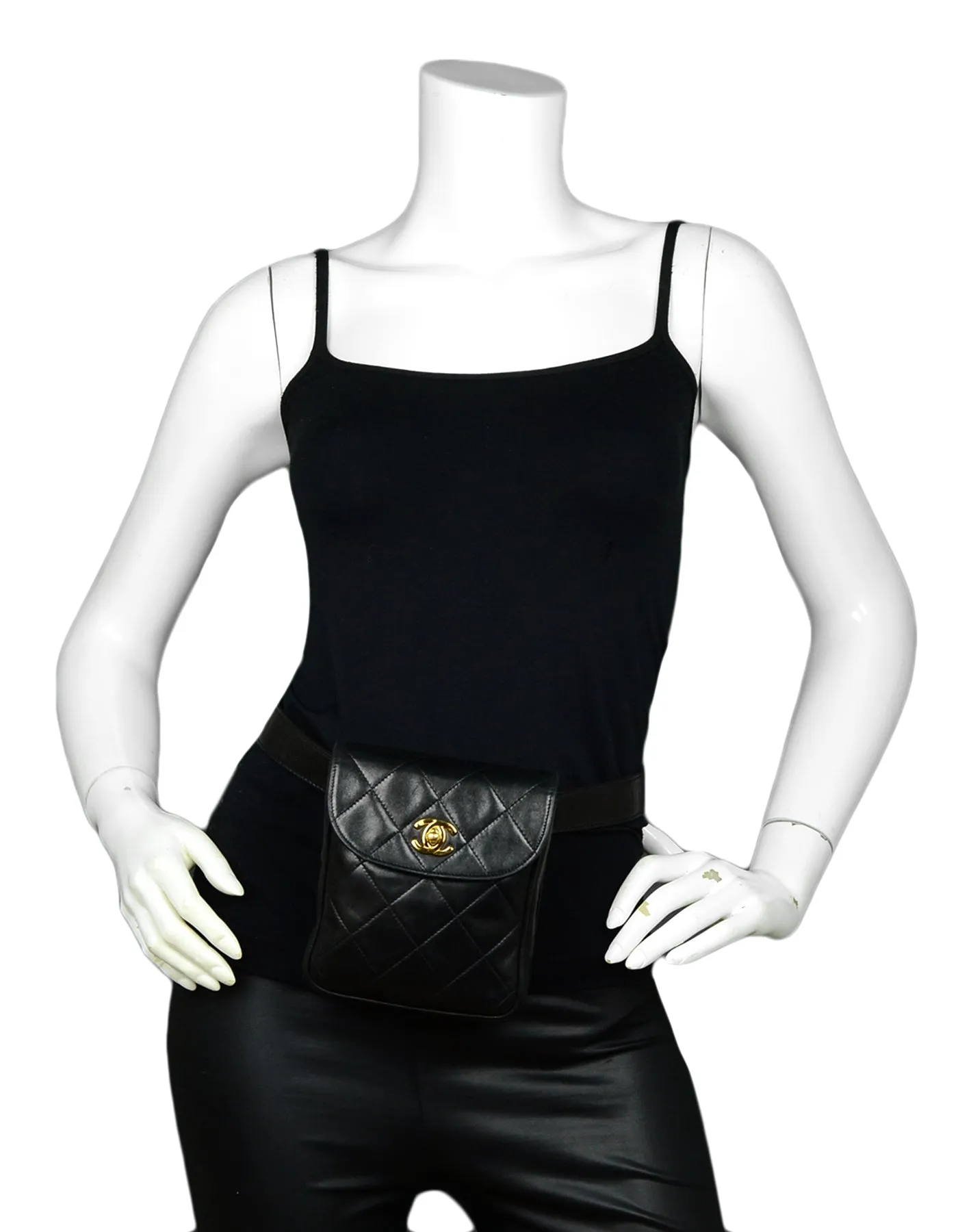 Chanel '90s Black Lambskin Quilted Belt Bag sz 75/30"
