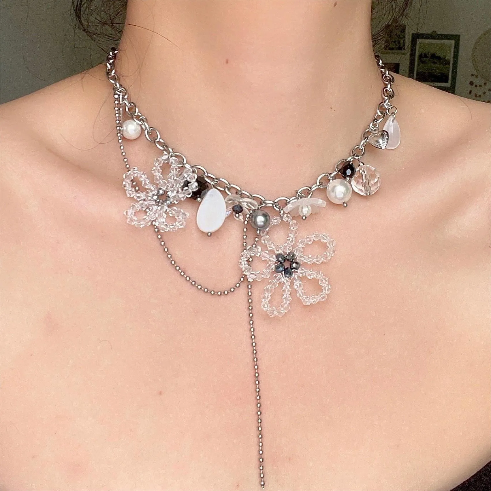 Chic Colorful Butterfly Crystal Flower Pendant Pearl Tassel Chain Necklace