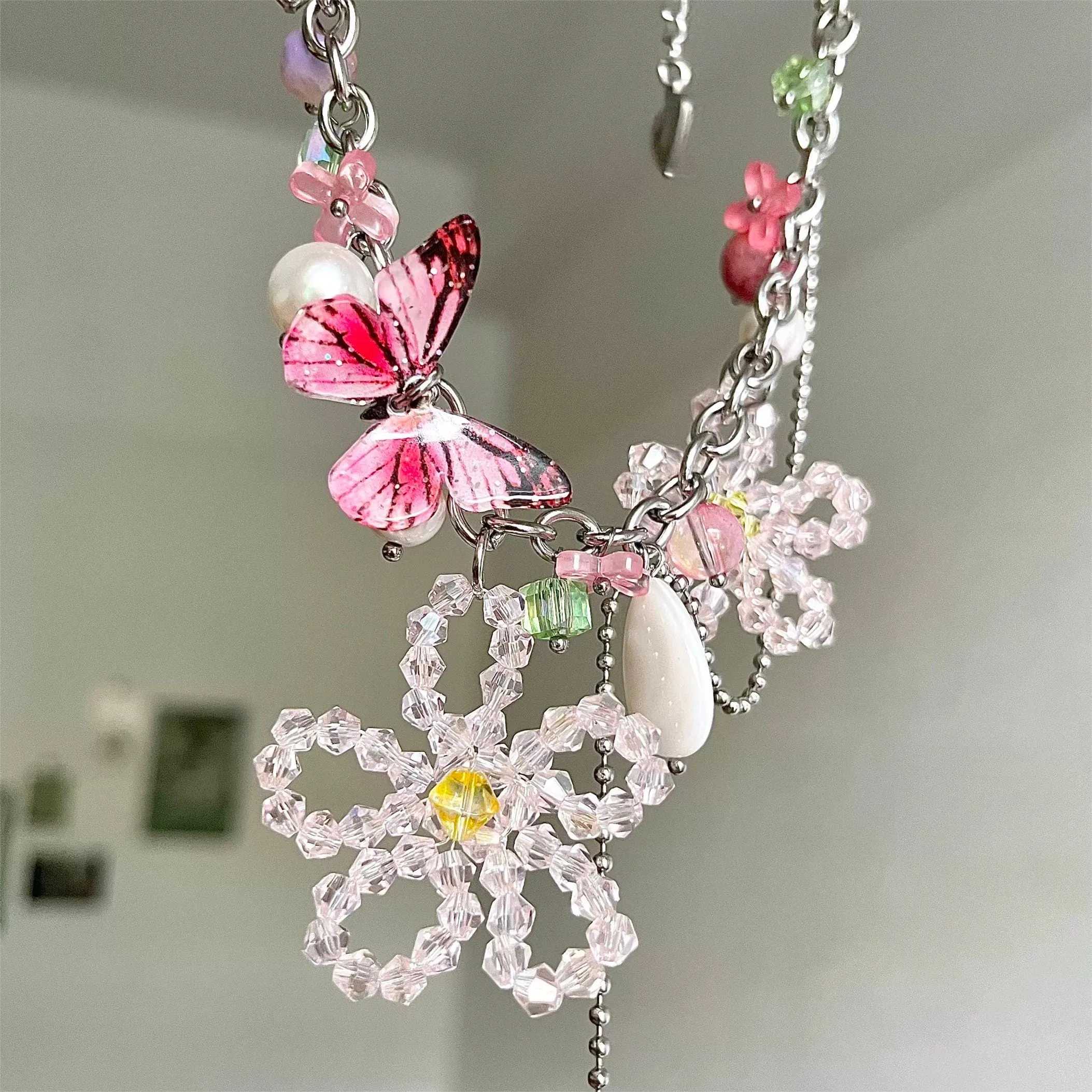 Chic Colorful Butterfly Crystal Flower Pendant Pearl Tassel Chain Necklace
